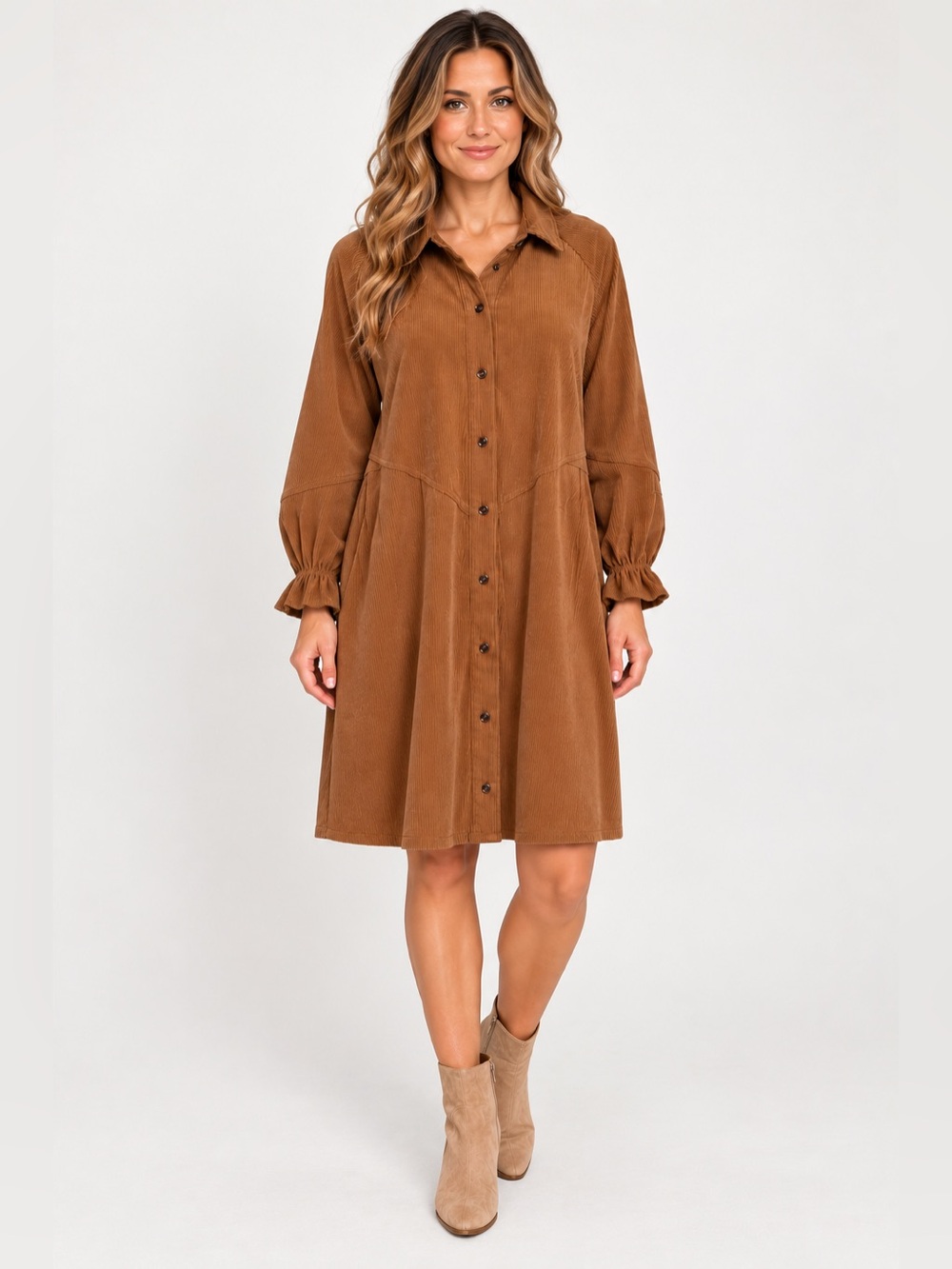 Umgee Oversized Brown Corduroy Dress Long Sleeve Ruffle Cuff Size S
